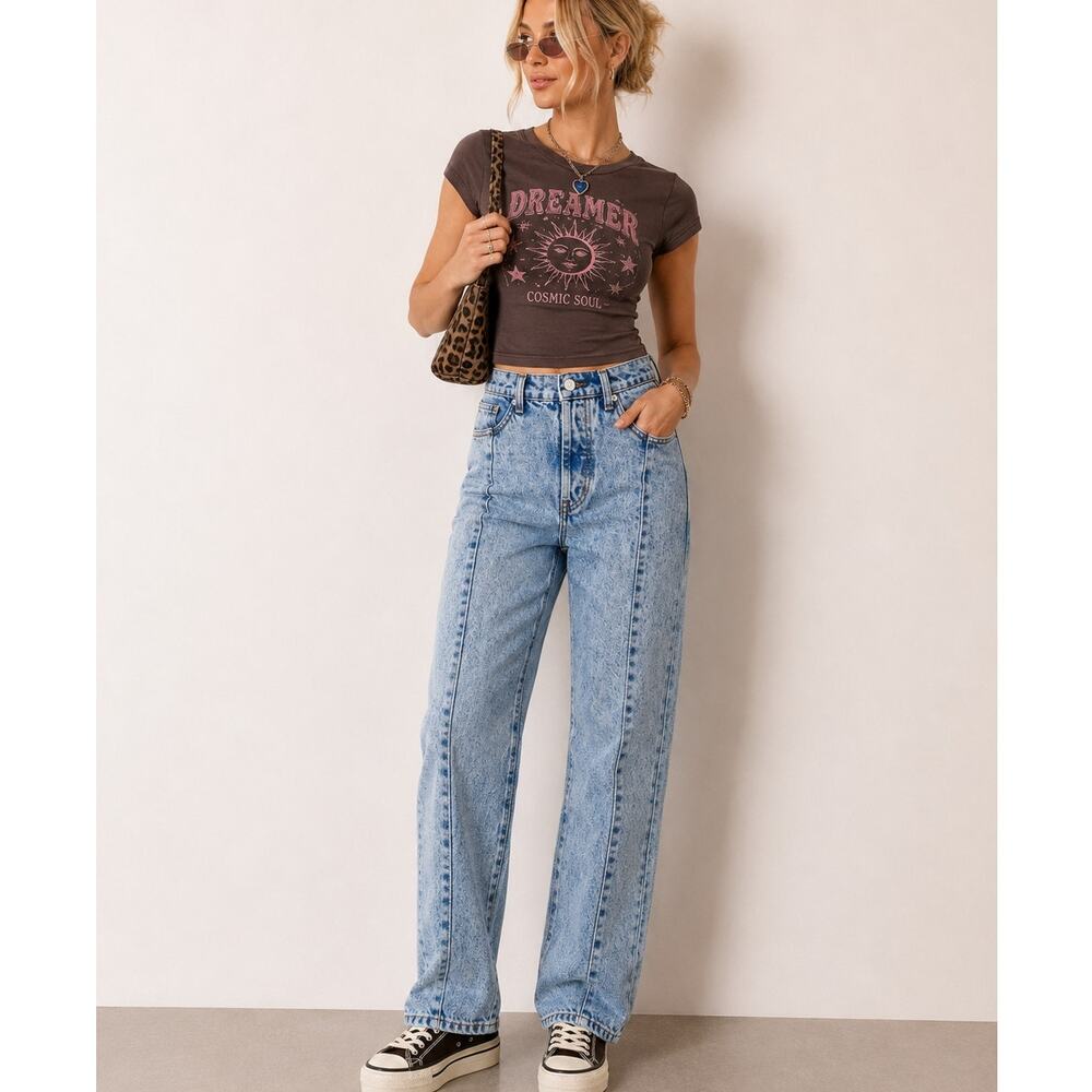 Revice Blue Acid Wash Straight Leg Jeans Womens 24 High Rise Button Fly Casual